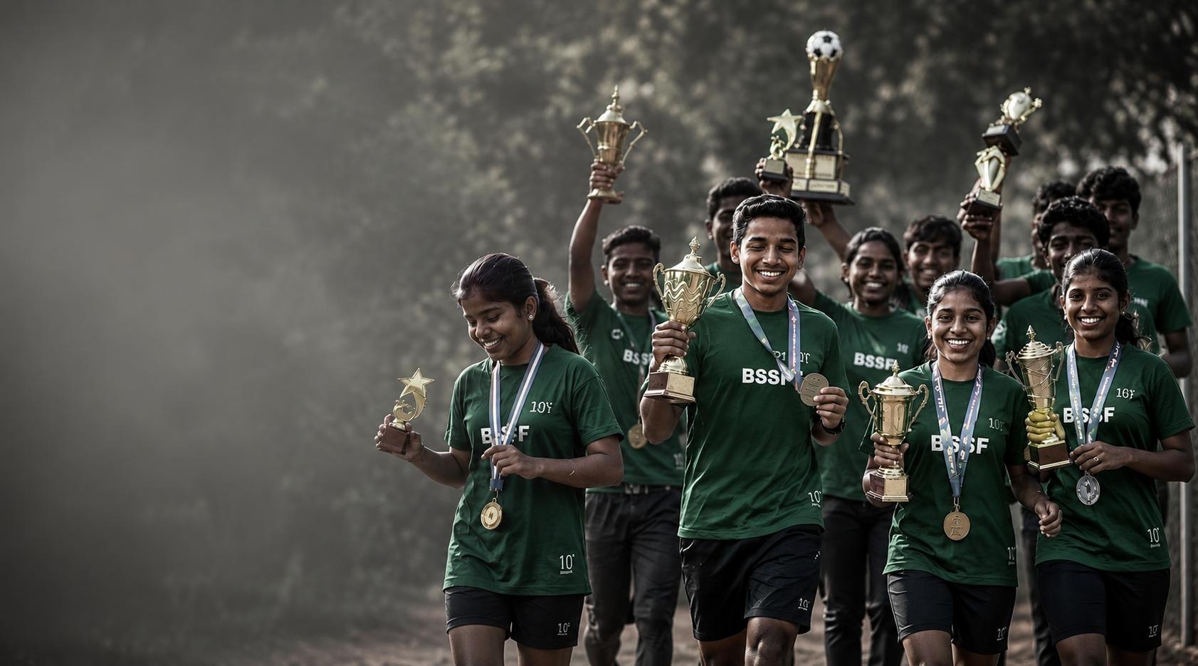 BSSF athletes celebrating with their trophies